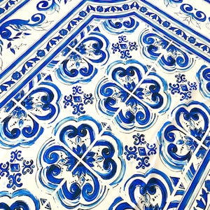 Blue Majolica fabric, Sicilian print Silky Crepe Fabric , Fabric by the yard, Panel Fabric 150100cm // 1.64 1.09 yard image 5