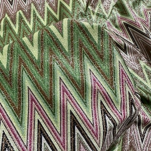 Green Zigzag Pattern Knit Fabric, Lurex Fabric, 4-Way Stretch Spandex Fabric, Dancewear, tights, craft, dress fabric, Evening Dress Fabric