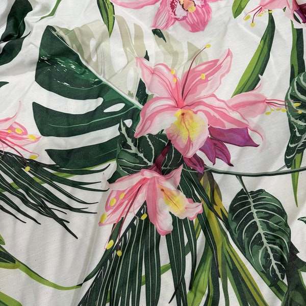 Pink Floral Pattern linen Fabric, Tropical Pattern Fabric, Clothing products and Upholstery Linen fabric