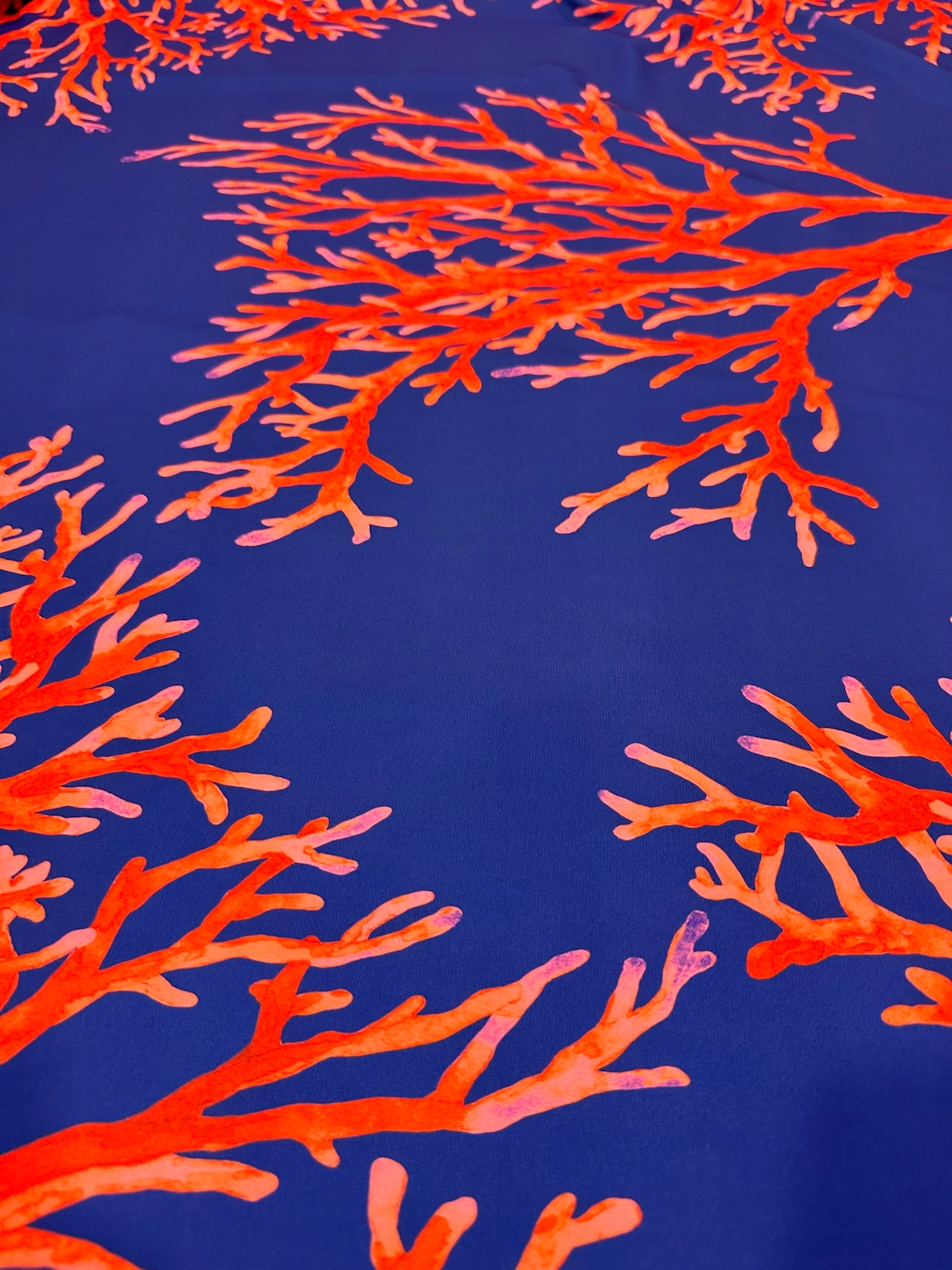 Coral Pattern Fabric Red and Navy Blue Color Silky Crepe - Etsy