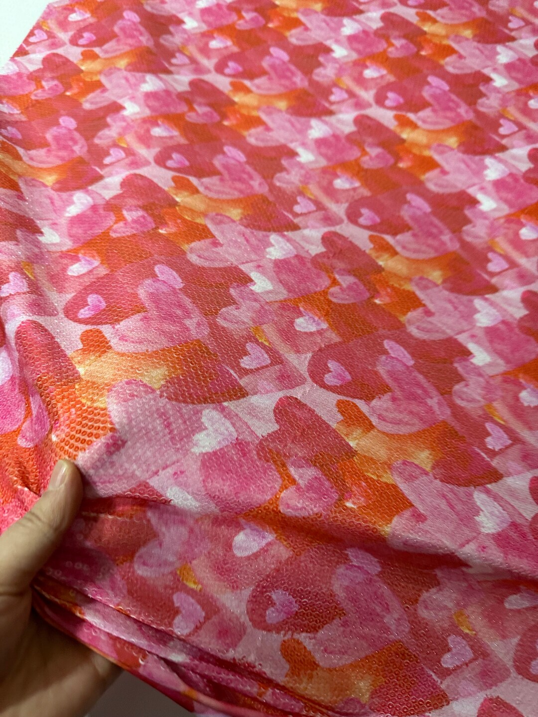 Sequin Fabric, 2way Stretch Sequin Fabric, Heart Pattern Fabric, Pink