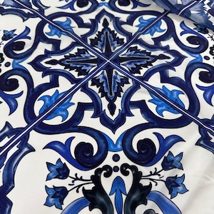 Majolica Pattern Blue White Swirl Crepe Fabric