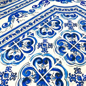 Blue Majolica Fabric, Sicilian Print Silky Crepe Fabric , Fabric by the ...