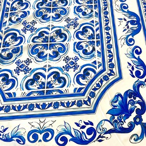 Blue Majolica fabric, Sicilian print Silky Crepe Fabric , Fabric by the yard, Panel Fabric 150100cm // 1.64 1.09 yard image 2