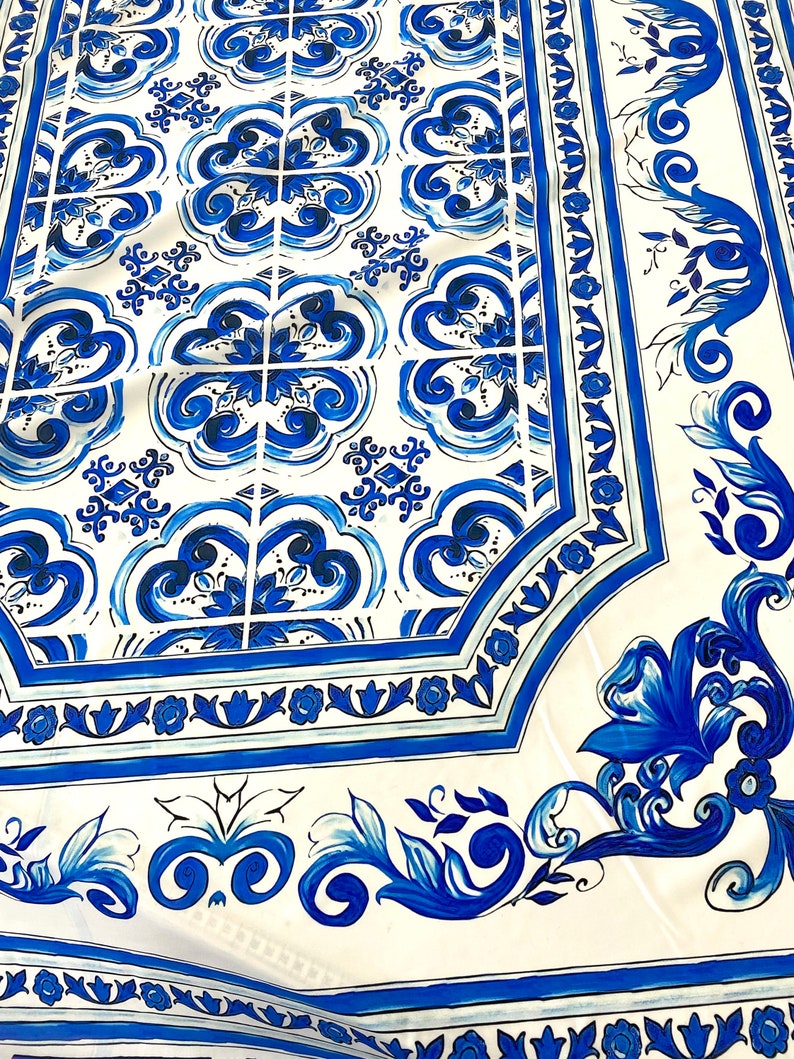 Blue Majolica fabric, Sicilian print Silky Crepe Fabric , Fabric by the yard, Panel Fabric 150100cm // 1.64 1.09 yard image 2