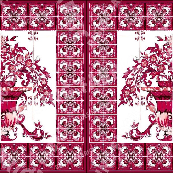 Sicilian Pattern Silky Crepe Fabric, Majolica Flowers Pattern fabric, Magenta color fabric