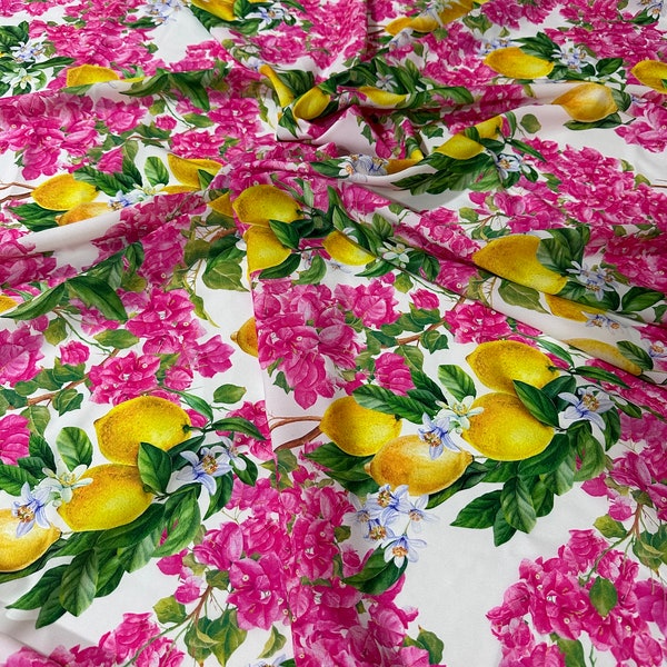 Lemon Pattern Fabric, Pink Floral Pattern Crepe Fabric