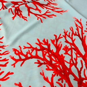 Coral Pattern Fabric, Red and Blue Color Silky Crepe Fabric , Fabric by ...