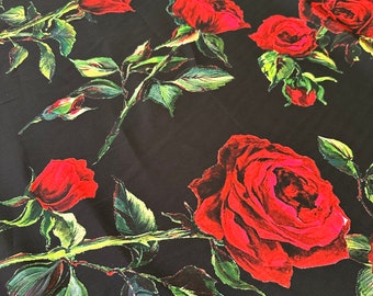 Rose Pattern Silky Satin Fabric, Black Red Floral Fabric