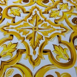 Tela con estampado mayólico grande, tela con estampado siciliano amarillo cortada a medida
