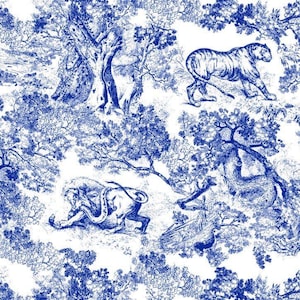 Tissu à motif de forêt sauvage, tissu bleu marine blanc à motif d'animaux