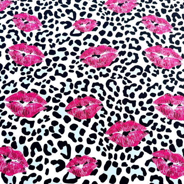 Leopard Print fabric, Pink Lip Pattern spandex 4-way stretch fabric, dancewear, activewear, sportwear fabric by the yard