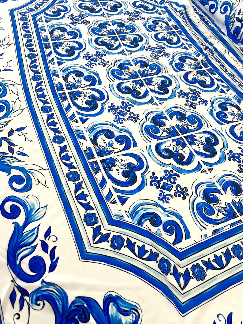 Blue Majolica fabric, Sicilian print Silky Crepe Fabric , Fabric by the yard, Panel Fabric 150100cm // 1.64 1.09 yard image 9