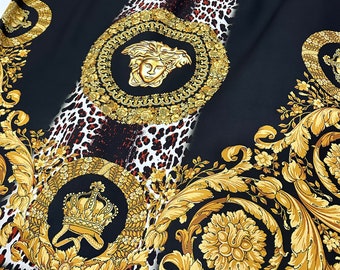 Baroque Pattern Silky Crepe Fabric, high quality fabric, leopard pattern Black Gold Fabric