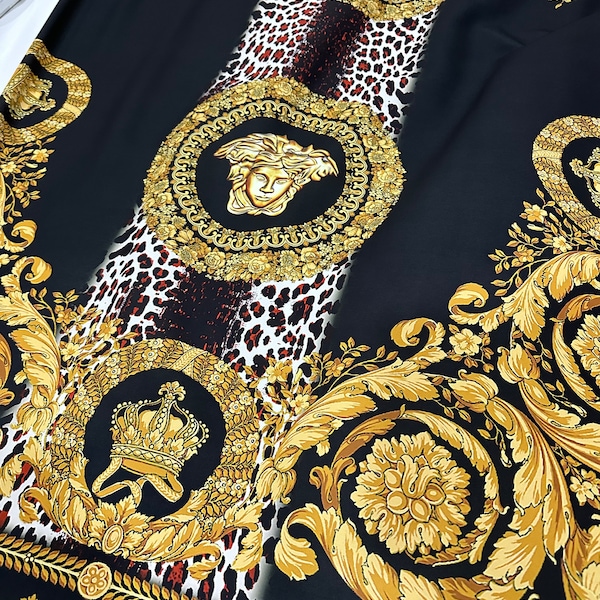 Baroque Pattern Silky Crepe Fabric, high quality fabric, leopard pattern Black Gold Fabric