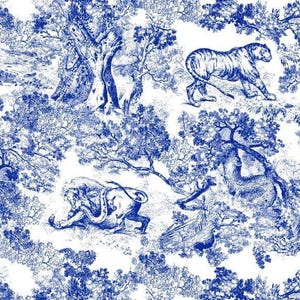 Wild Forest Pattern Fabric, Navy Blue White Animal Pattern Fabric