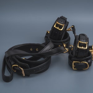 Black Bondage set, restraints kit with gold hardware, leather bondage, ankle cuffs, Collar and leash, premium restraints set, gear kit