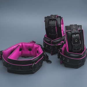 Luxury Purple Black Bondage set, restraints kit, leather bondage, ankle cuffs, Collar and leash, premium restraints set, gear kit