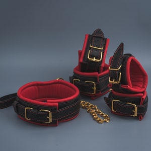 Red Black Bondage set, restraints kit, gold hardware, leather bondage, ankle cuffs, Collar and leash, premium restraints set, gear kit