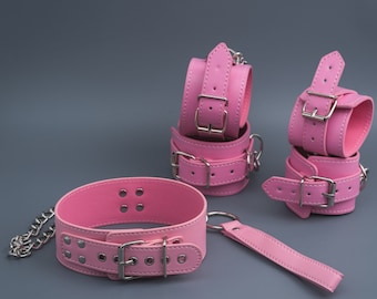 Pink Bondage set, restraints kit, leather bondage, handcuffs, ankle cuffs, Collar and leash