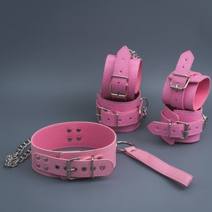 Pink Bondage set, restraints kit, leather bondage, handcuffs, ankle cuffs, Collar and leash