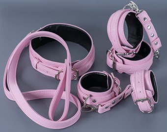 Pink Bondage set, restraints kit, leather bondage, handcuffs, ankle cuffs, Collar and leash, premium restraints set, gear kit
