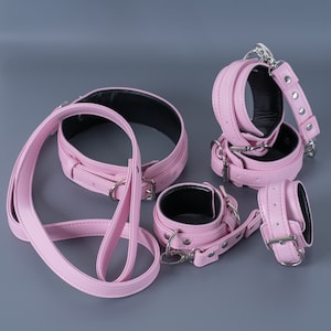 Pink Bondage set, restraints kit, leather bondage, handcuffs, ankle cuffs, Collar and leash, premium restraints set, gear kit