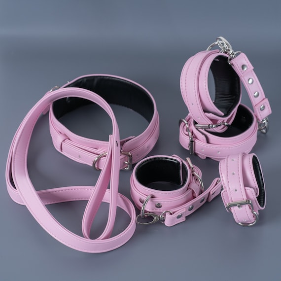 Pink Bondage set, restraints kit, leather bondage, handcuffs, ankle cuffs, Collar and leash, premium restraints set, gear kit