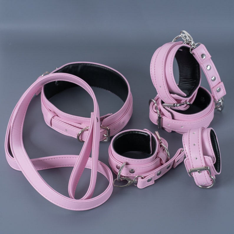 Pink Bondage set, restraints kit, leather bondage, handcuffs, ankle cuffs, Collar and leash, premium restraints set, gear kit 