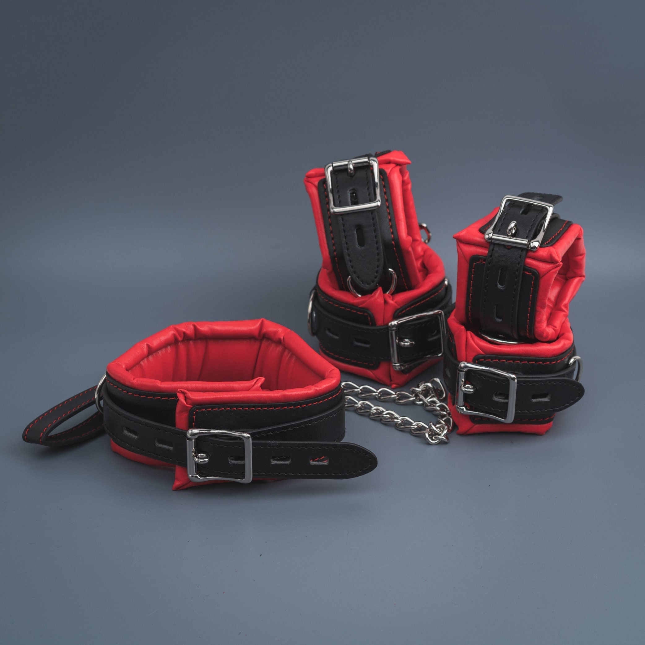 Luxury Red Black Bondage Set, Restraints Kit, Leather Bondage