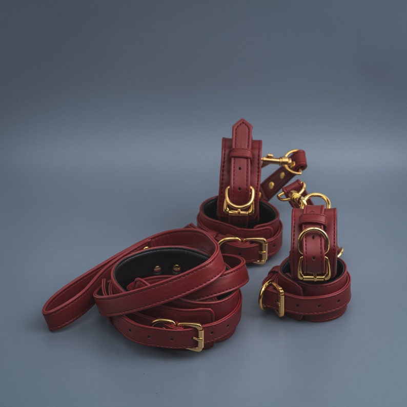 Burgundy Bondage set, red brown restraints kit, leather bondage, handcuffs, ankle cuffs, Collar and leash, premium restraints set, gear kit 