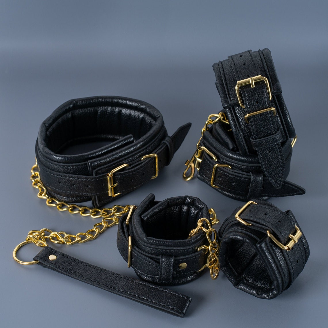 Black Bondage Set Restraints Kit Gold Hardware Leather Etsy