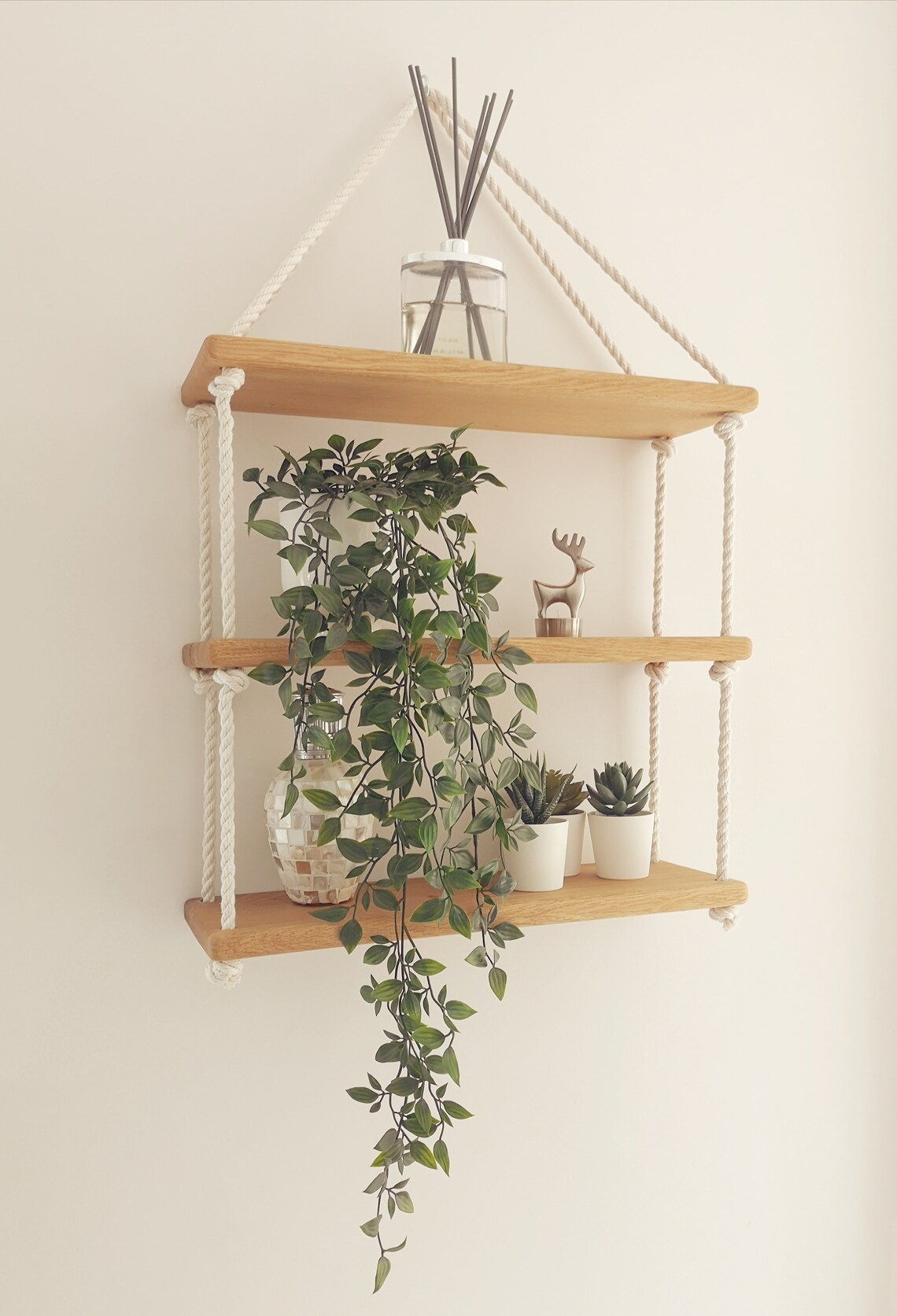 3 Tier Hanging Shelf Solid Oak Stained Wood Rope Etsy UK