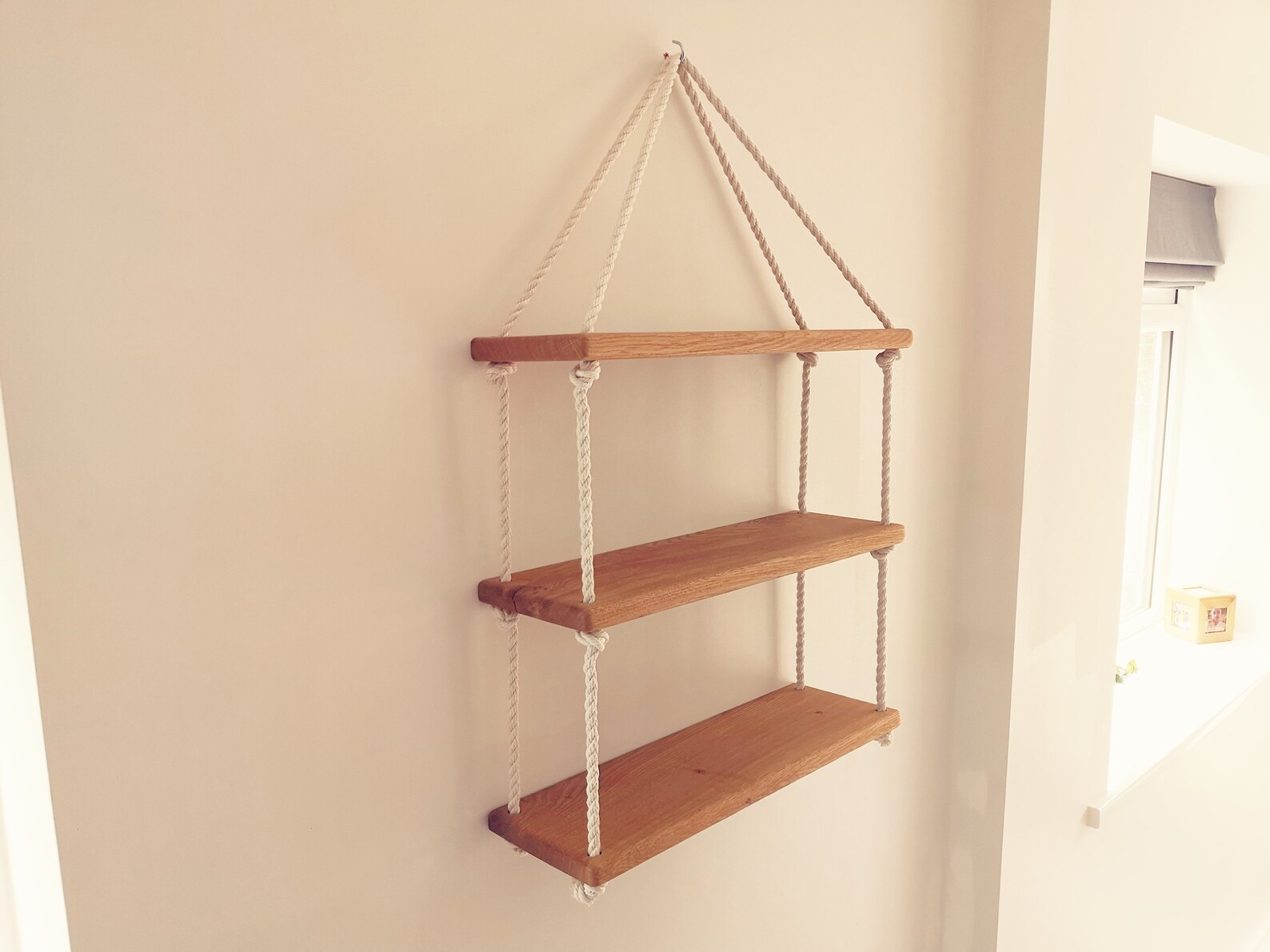 3 Tier Hanging Shelf Solid Oak Stained Wood Rope Etsy UK