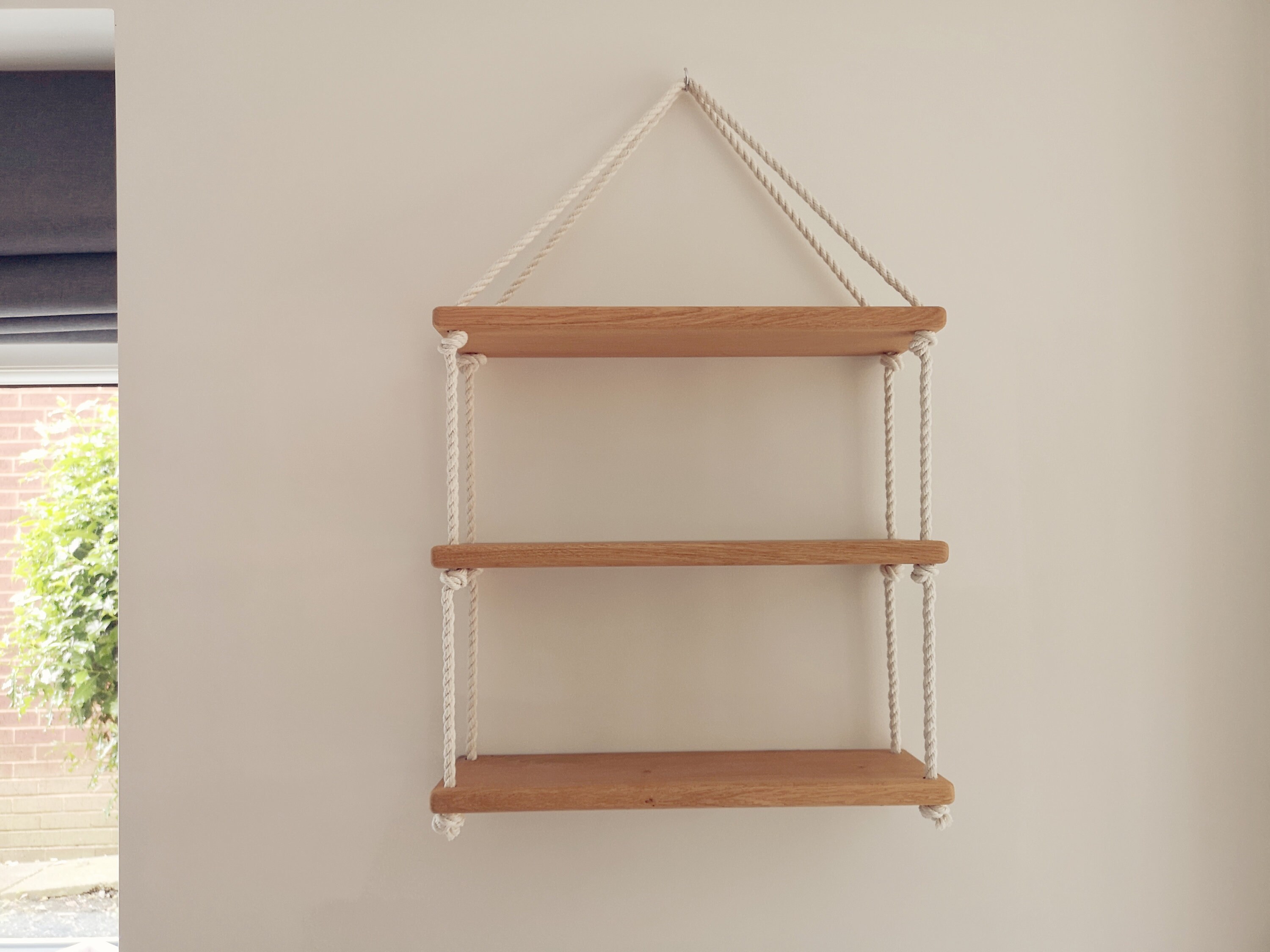 3 Tier Hanging Shelf Solid Oak Stained Wood Rope Etsy UK