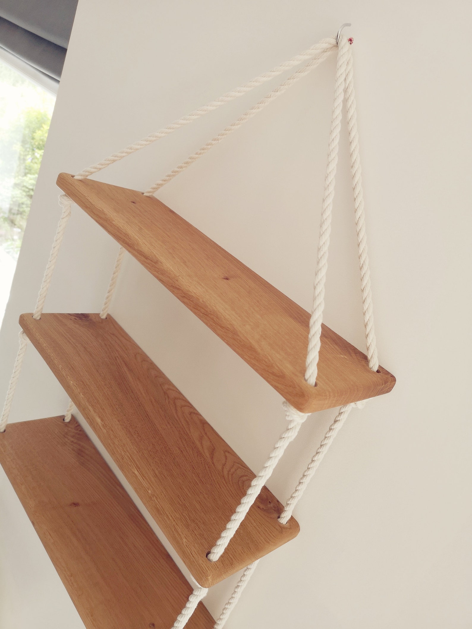 3 Tier Hanging Shelf Solid Oak Stained Wood Rope Etsy UK