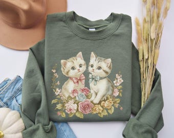 Floral Cat Sweatshirt, Cat Lady Sweatshirt, 90s Retro Kitten Sweater, Gift for Cat Lover, Cat Crewneck