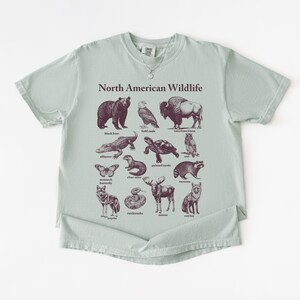 Pu&ograve; includere: T-shirt verde chiaro con la scritta "North American Wildlife" e illustrazioni di animali nordamericani, tra cui un orso, un'aquila e un bisonte. Il disegno &egrave; stampato in marrone scuro.