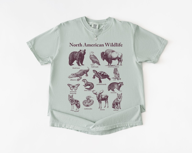 Pu&ograve; includere: T-shirt verde chiaro con la scritta "North American Wildlife" e illustrazioni di animali nordamericani, tra cui un orso, un'aquila e un bisonte. Il disegno &egrave; stampato in marrone scuro.
