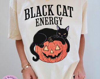 Black Cat Energy Comfort Colors Shirt, Halloween Cat Tee, Pumpkin Cat Shirt, Funny Halloween Shirt, Spooky Season Tee