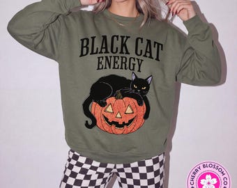 Black Cat Energy Sweatshirt, Funny Halloween Shirt, Black Cat Halloween Tee, Spooky Season Crewneck