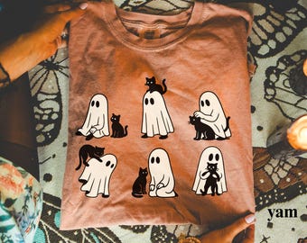 Ghost Cat Shirt, Comfort Colors® Cat Ghost T-Shirt, Cute Cat Lovers Shirt, Retro Ghost Halloween, Halloween Cat T-shirt, Spooky Season Gift