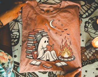 Ghost Reading Comfort Colors T-Shirt, Spooky Book Lover Tee, Halloween Bookish Shirt, Cozy Fall Shirt