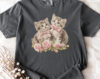 Vintage Cat Shirt, Floral Cat Tee, Cat Lover Shirt, Coquette Cat Shirt, 90s Cat Tee, Cat Lady Shirt, Cute Kitten Shirt