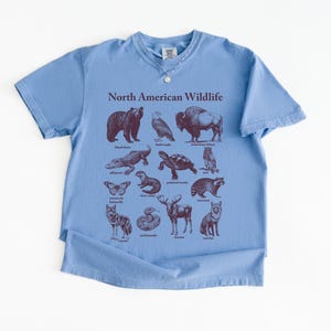 Pu&ograve; includere: Una maglietta azzurra con la scritta "North American Wildlife" e illustrazioni di vari animali. Le illustrazioni sono di colore marrone scuro e includono un orso, un gufo, un bisonte, un alligatore, una tartaruga e altro.
