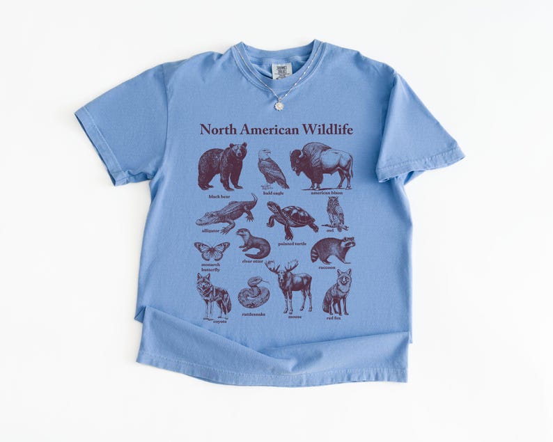 Pu&ograve; includere: Una maglietta azzurra con la scritta "North American Wildlife" e illustrazioni di vari animali. Le illustrazioni sono di colore marrone scuro e includono un orso, un gufo, un bisonte, un alligatore, una tartaruga e altro.