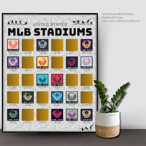 May include: A 16 in. x 20 in. United States MLB Stadiums scratch-off poster featuring a grid of colorful stadium icons and gold foil squares. The poster includes the text United States MLB Stadiums and various baseball silhouettes at the top.