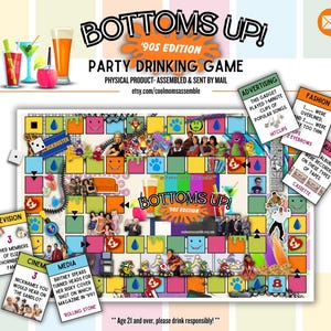 Juego de mesa para beber Bottoms Up, edición de los años 90. Juegos de fiesta para adultos. Despedida de soltero. Despedida de soltera. Fiesta de cumpleaños número 21. Juegos de trivia para adultos.