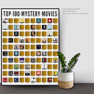 May include: A rectangular Top 100 Mystery Movies scratch-off poster measuring 45.72 cm by 60.96 cm. The poster features a grid of 100 squares with gold foil sections that can be scratched off to reveal colourful movie-themed illustrations underneath.