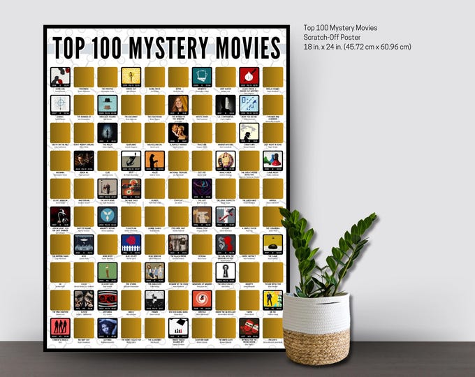 Top 100 Mystery Movies Scratch-Off Poster- True Crime Movies- Horror Movies- Movie Night Ideas- Popular Movies- Adventure Movies- Comedies